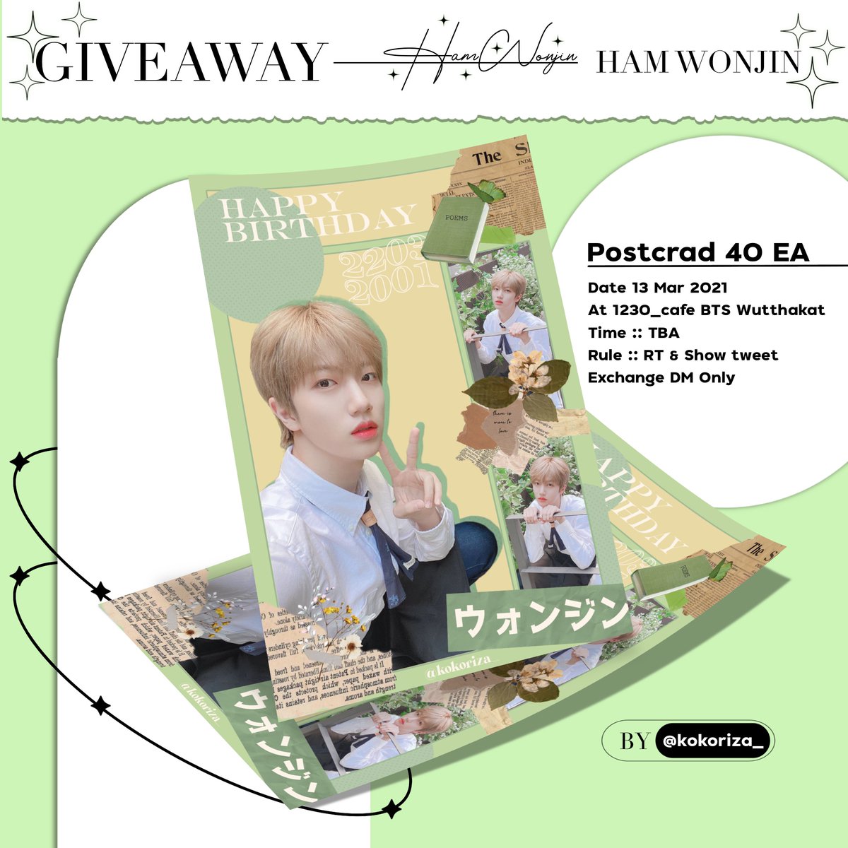 kokoriza_'s tweet photo. 🐣🐥 Give away Ham Wonjin 🍑
🗓️ 13.03.2021
Postcard 40 EA
At 1230_cafe ☕️
Rule : RT + Show tweet + Hug กักกยง
แลกทักDMเท่านั้นค่ะ ✉️
Design #doubleNรีวิว
𝘗𝘳𝘦𝘷𝘪𝘦𝘸𝘴 #hyw_design
#174HamsterDay #ProjectforHamwonjinTH
#CRAVITY #크래비티 #원진 #WONJIN https://t.co/wiiOLo1JvQ