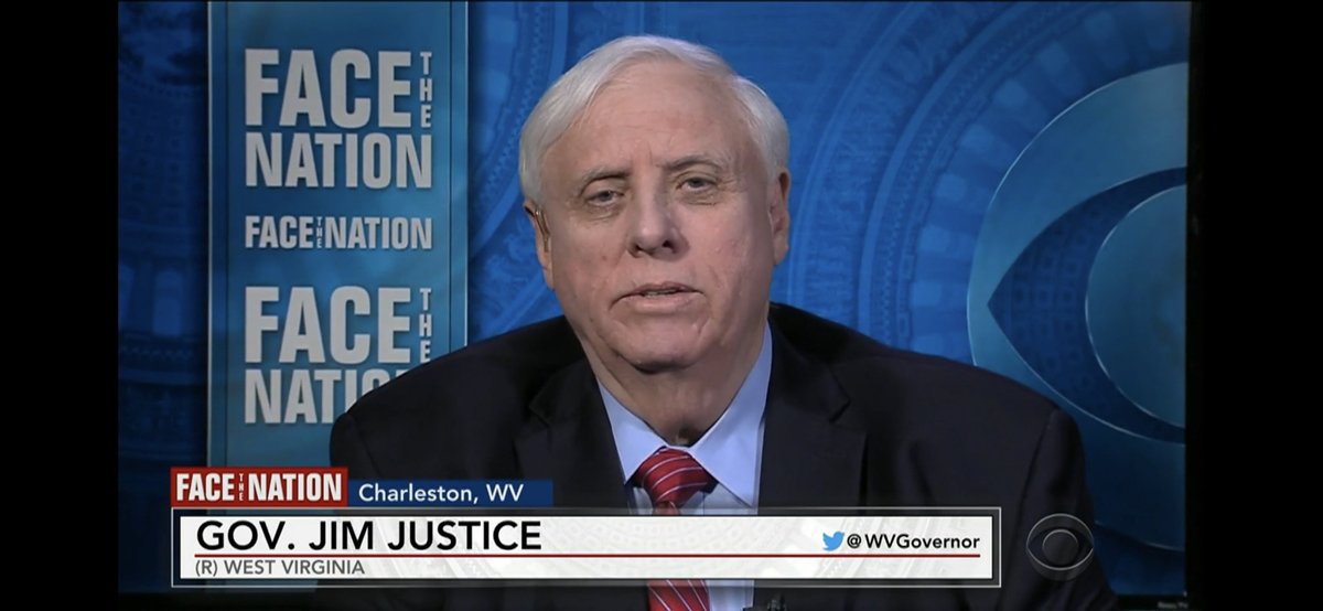 JimJustice_WV's tweet photo. I’ll be live on @FaceTheNation this morning at 10:30 to discuss West Virginia’s continued success when it comes to fighting #COVID19. https://t.co/p73idKQ8OB