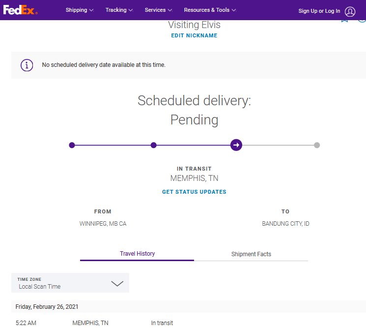 SolaraDataTom's tweet photo. @FedEx still struggling with a 10+ day delay at their worldwide Memphis hub. Might as well have some fun with this. We nicknamed our package "Visiting Elvis". 

A big Thank You goes out to our Solara customers for their patience with shipping challenges at this time! @FedExHelp https://t.co/OjGz0HHJ9x