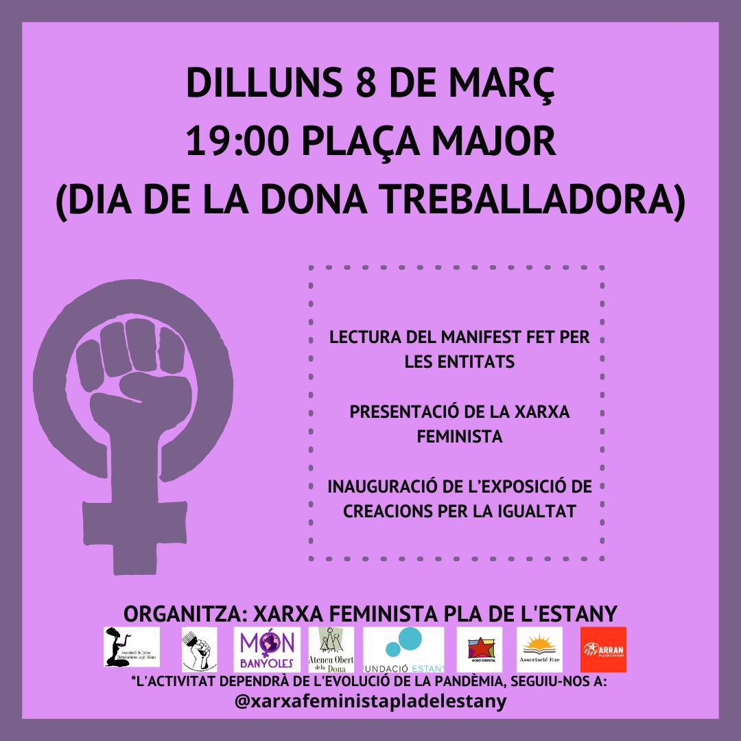 ♀ Concentració Dia de la Dona Treballadora 

🗓️ 8 de març, 19:00 Plaça Major de Banyoles

Organitza Xarxa Feminista Pla de l’Estany

#Imparables♀ #PassejadaFeminista #somdones #juntesmillor #8M2021
