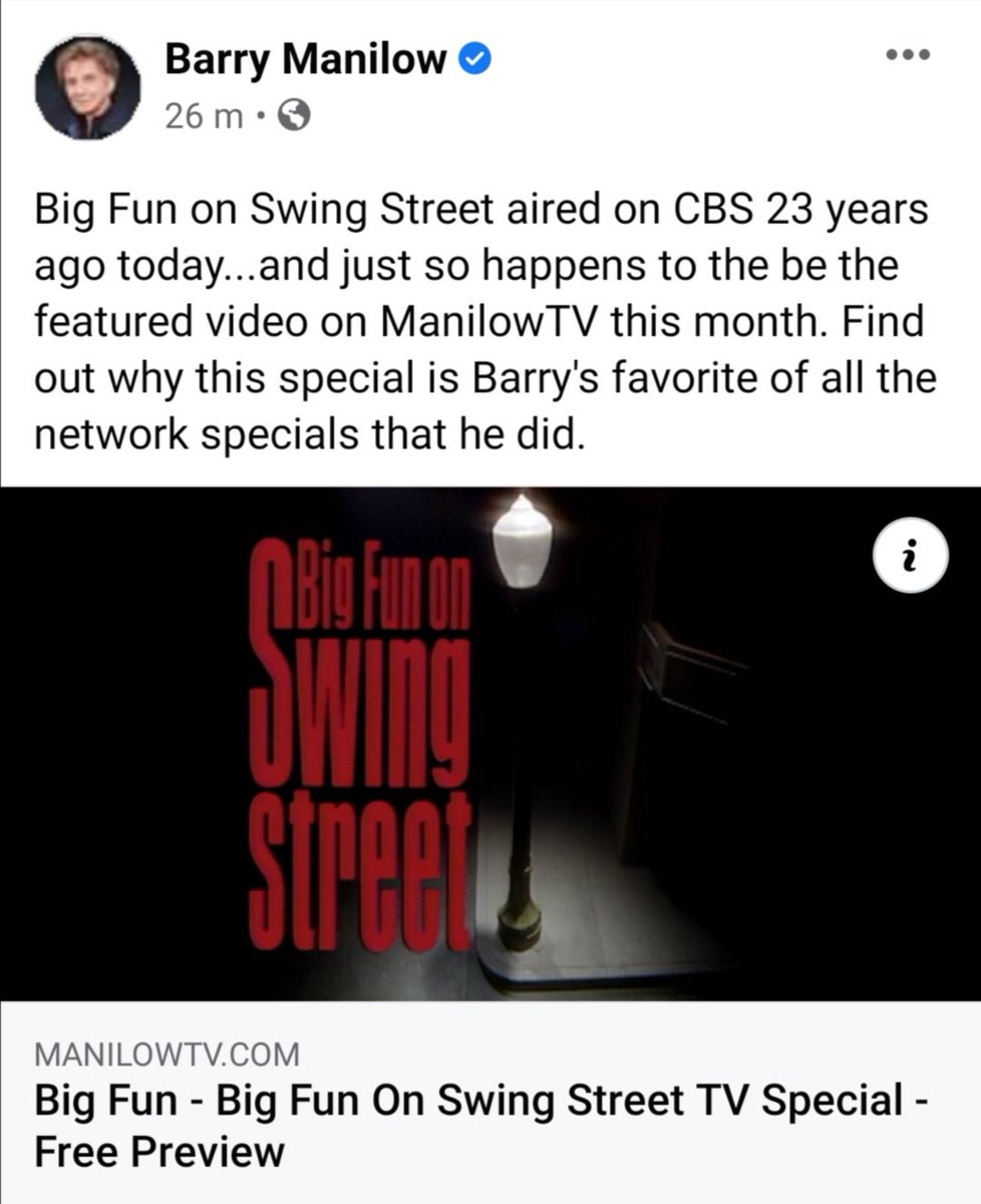 @barrymanilow Happy Sunday Barry! Loving this months feature on ManilowTV, 'Big Fun on Swing Street' is my favourite, great set & some really awesome singers feature in the show too. Can it really be 23 years ago! Think it's time for another TV special!  manilowtv.com/videos/big-fun…