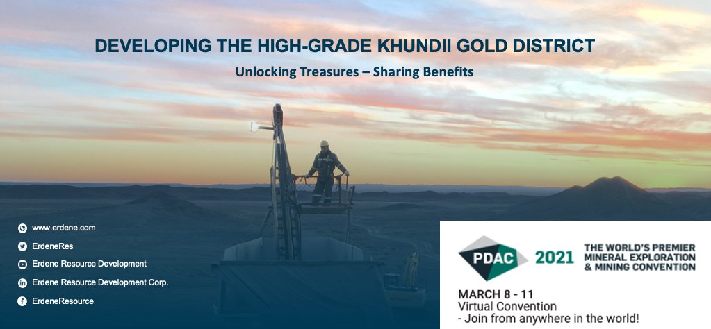 Erdene is pleased to be a selected company in the Gold Explorers Forum as part of the <a href="/the_PDAC/">The Official PDAC</a> , from March 8 – 11. Visit erdene.com/en/investors/v… for an overview of the Bayan Khundii Gold Project, the new Dark Horse discovery and our future exploration and development plans.