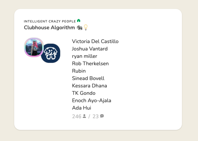 IntelligentCrazyPeople.com room on Clubhouse's Algorithm 🐘 💡- Join @ joinclubhouse.com/room/M162BXgq - Retweets appreciated!