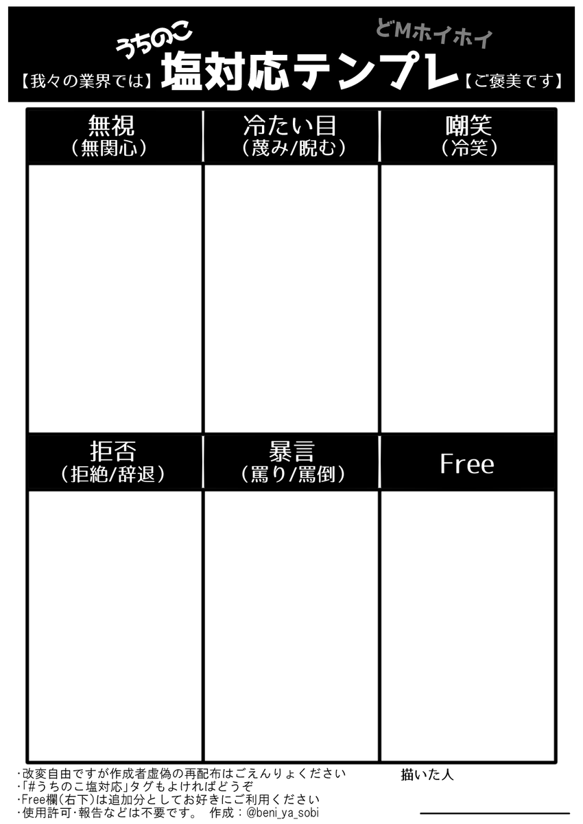 紅屋ハカモ２号 うちのこ塩対応 よそのこに塩対応されたくてテンプレつくりました うちのこって書いたけどよその子とかでも改変ok 全枠罵倒欲張りセットとか作ったりしておたのしみください
