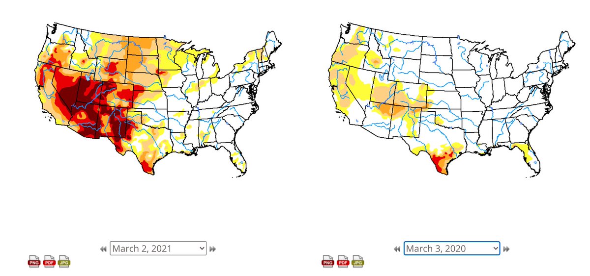 a comparison of the national drought monitor for early march 2021 vs early march 2020. the map shows much more severe drought conditions especially in the southwestern united states