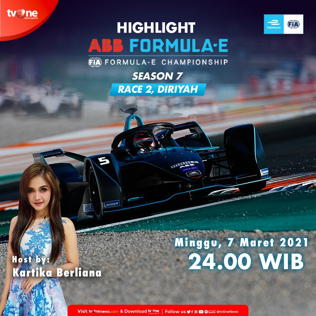 tvOneNews's tweet photo. Saksikan highlight ABB Formula-E Championship, Minggu, 7 Maret 2021 jam 24.00 WIB hanya di tvOne #AABFormulaE #tvOneNews https://t.co/Q32PK63qge