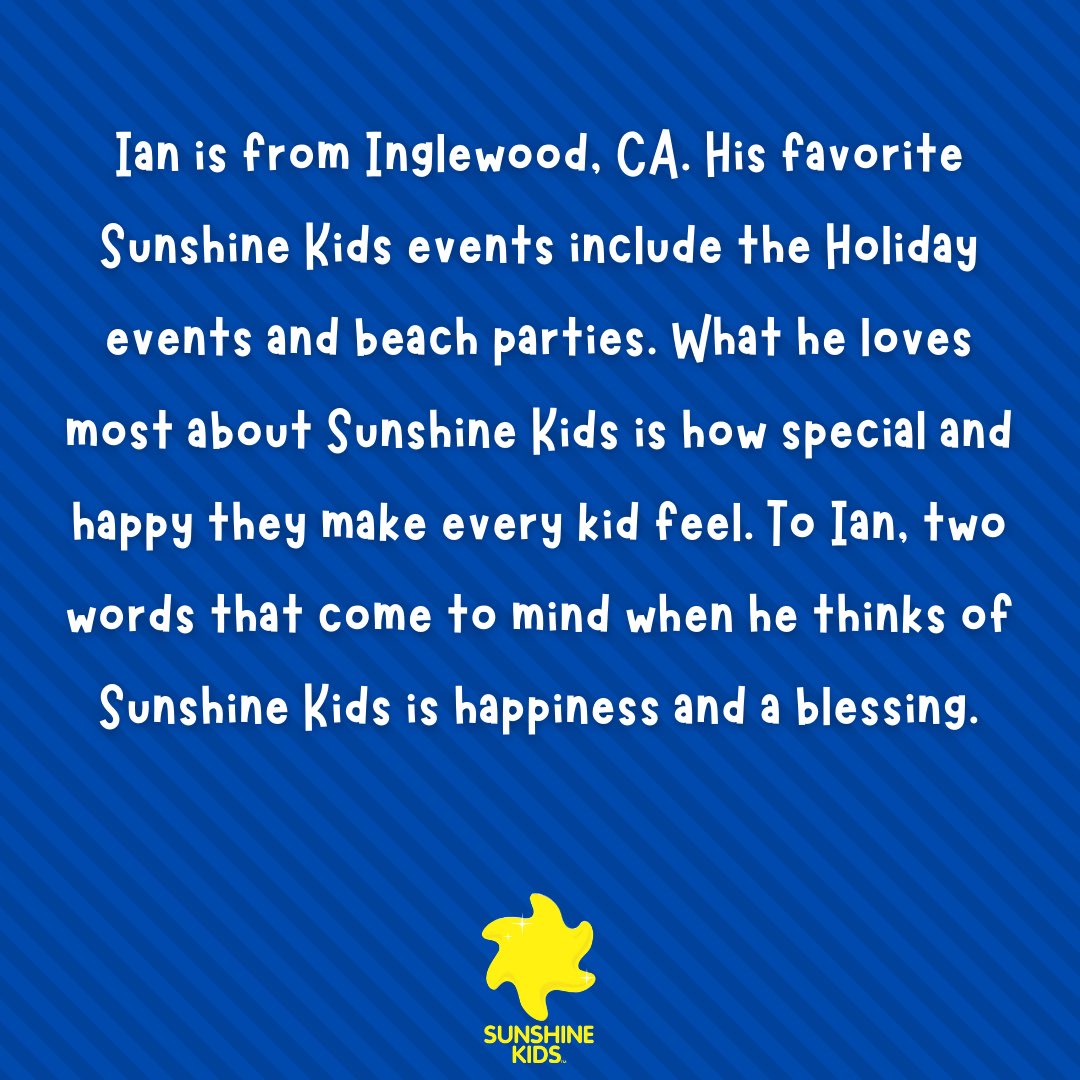SunshineKidsOrg's tweet photo. Adding a little SUN to your #SundayFunday ! Meet today’s #SunshineKidSunday Ian from Inglewood, CA! ☀️ #spreadthesunshine #sunshinekids https://t.co/FcZ75Q3yVE