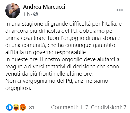 Ha ragione <a href="/AndreaMarcucci/">Andrea Marcucci</a> quando dice "adesso serve l'orgoglio di una comunità". E a giudicare dai commenti degli iscritti al suo post, quella comunità l'orgoglio ha deciso di tirarlo fuori e di schierarsi con le ragioni di Zingaretti. Viva la comunità del PD che non si arrende.