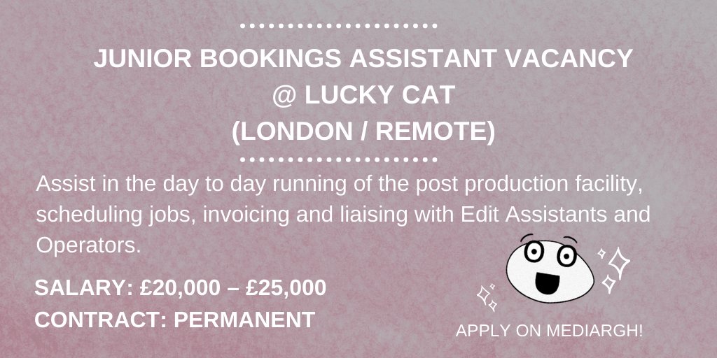Junior Bookings Assistant Vacancy
@ Lucky Cat
(London / Remote)

Apply here: bit.ly/2Oa1meH

#Tvjobs #filmjobs #postproduction #juniorjobs #studiojob