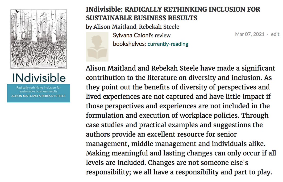 sylvanacaloni's tweet photo. I highly recommend "Indivisible" co-authored by @AlisonMaitland. It is easy to read, practical and full of examples and helpful suggestions to shift the dial on inclusion in the workplace. #book #inclusion #workplacepractices
https://t.co/BKyefTkmPq https://t.co/2rE1WhCkax