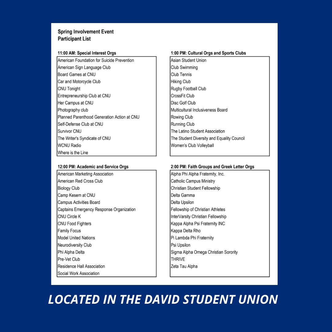 Get engaged in the campus community with us! 

Attend the <a href="/cnuOSA/">Student Activities</a> Spring Involvement Fair today at 11am. View the schedule for a breakdown of today’s event!