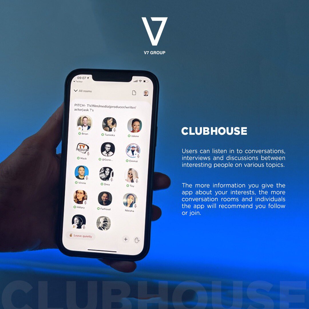 V7GroupMENA's tweet photo. The latest update in the world of social media is Clubhouse! An audio-based platform that allows users to share their advice and insights on various topics with likeminded people. Are you on Clubhouse?​

#V7Group #Clubhouse #V7Digital #EntrepreneursOfClubHouse #ClubHouseRoom https://t.co/KdL6k8WJp6