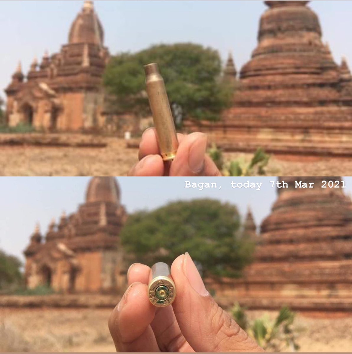 poemamhethar's tweet photo. BAGAN , a #UNESCO world heritage site, is the place we treasure &amp; Myanmar’s pride. Using live ammunition there intentionally to hurt our people is totally inappropriate &amp; unacceptable. It is such a discourtesy. We condemn this action. #WhatsHappeningInMyanmar #Mar7Coup https://t.co/qUAOrt8TvJ