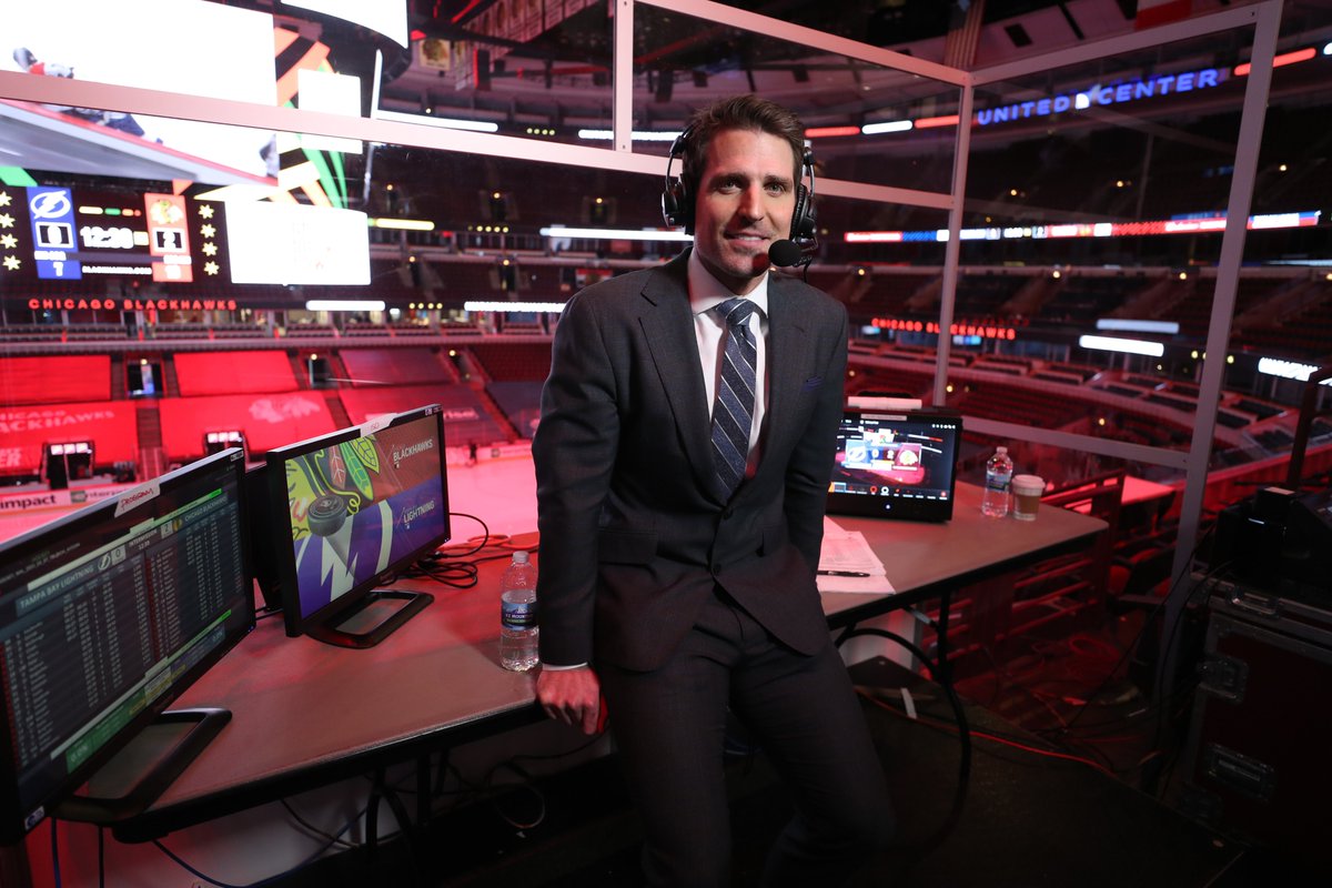 NHLBlackhawks's tweet photo. Sharpy joked with Pat Foley that he was more nervous for today's call than his first NHL game! 

How do you think he's doing so far? https://t.co/1Fdcv5e3Kz