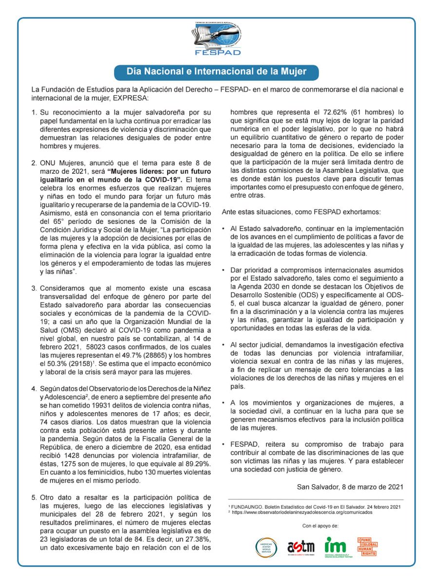 #Comunicado 
Día Nacional e Internacional de la Mujer.

<a href="/labrujula_rev/">Revista La Brújula</a> <a href="/RevistaFactum/">Factum</a> <a href="/_elfaro_/">El Faro</a> <a href="/elsalvadorcom/">elsalvador.com</a> <a href="/prensagrafica/">La Prensa Gráfica</a> <a href="/Teleprensa33/">Teleprensa</a> <a href="/arpassv/">Red Informativa de Arpas</a> <a href="/ysuca91siete/">Radio YSUCA 91.7 FM</a> <a href="/radioyskl/">Radio YSKL 📻 💻 📲</a> <a href="/DiarioCoLatino/">Diario Co Latino</a> <a href="/EFE_ACENTRAL/">EFE Centroamérica y Caribe</a> <a href="/VerdadDigitalsv/">Verdad Digital</a> <a href="/vocesdiarioSV/">VOCES Diario digital</a> <a href="/ElMundoSV/">Diario El Mundo</a>