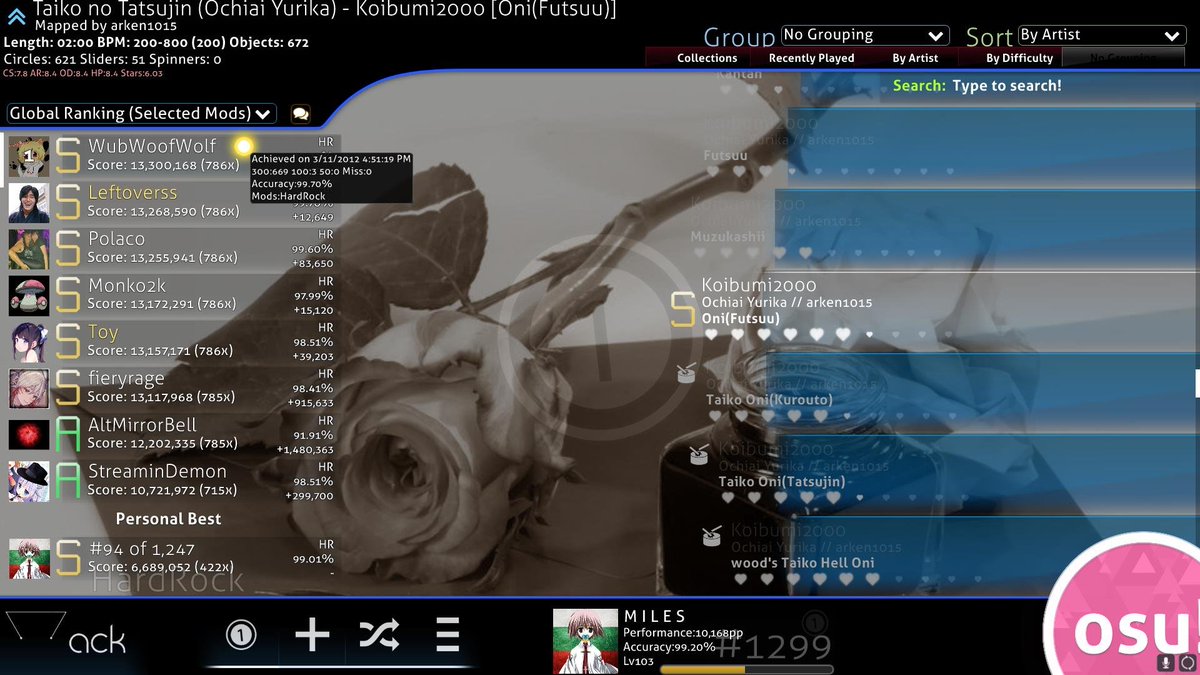 MilesOsu's tweet image. how old were you when Wubwoofwolf got 99.70% on Koibumi2000 +HR?