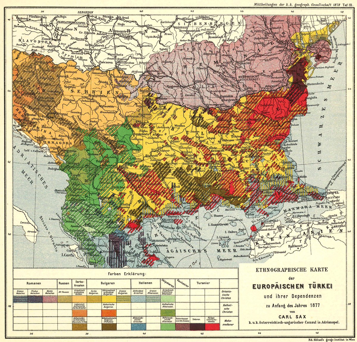 AgonMaliqi's tweet photo. Ethnographic map of "European Turkey" done by an Austrian-Hungarian consul in 1877. Every time I stumble upon it, I'm hypnotized by all these identity layers, the stories they tell, and how they played out. https://t.co/7J8VRuFvaq
