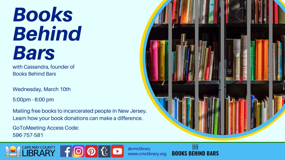 B3BooksNJ's tweet photo. Join us on March 10th at 5pm for this virtual event with @cmclibrary! We’ll discuss how our program works, why sending books to incarcerated people is so important, and how you can help!
https://t.co/7OydSBQv0J

#BooksBehindBars #CapeMayCountyLibrary #DonateBooks #CommunityCare https://t.co/DfHfTjLgfy