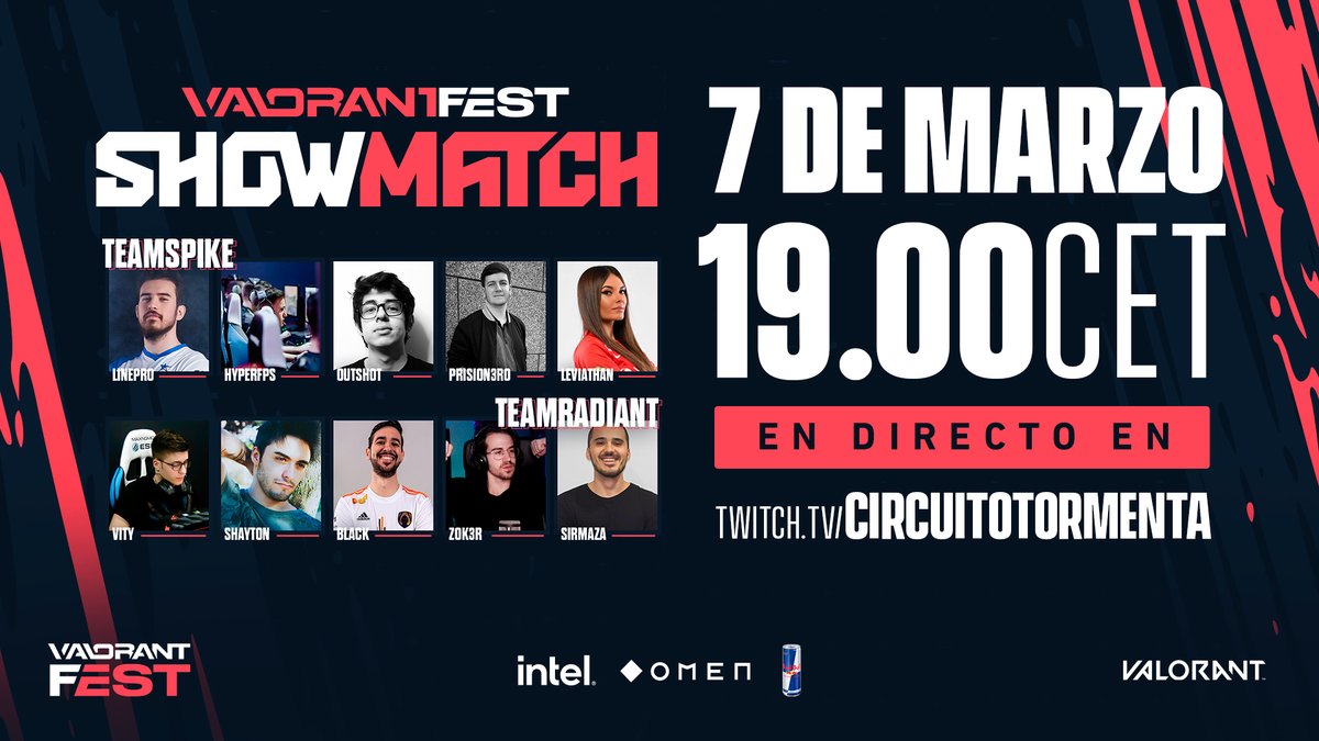 TormentaVALes's tweet photo. ¡Arrancamos en una hora con el showmatch final del #VALORANTFest! 💥

Tendremos a @SandraCabeza, @ivo_kk, @xHyperFPS, @OutshotL y @Prisi0n3r0 en el #TeamSPike.

Y @BlackEspanolito, @vityshow, @ItsShayton, @ZoK3R y @SirMaza en el #TeamRadiant.

📺https://t.co/REl793GAdH https://t.co/kzMf7INJHC