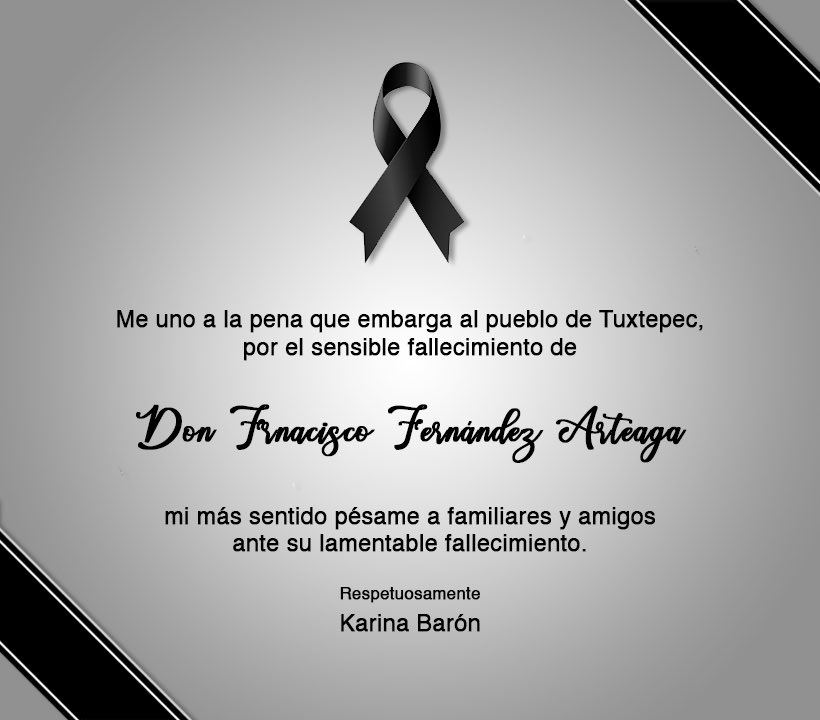 Lamento mucho el fallecimiento de Don Francisco Fernández Arteaga, para muchas y muchos considerado el mejor expresidente de nuestro querido Tuxtepec.
Mi más sentido pésame a familiares, amigos y a todo el pueblo de Tuxtepec. https://t.co/x085Lyh3NM