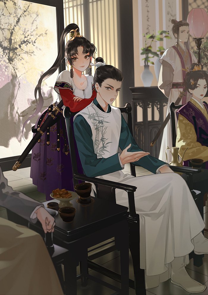 chinese clothes multiple boys hanfu sitting table chair black hair  illustration images