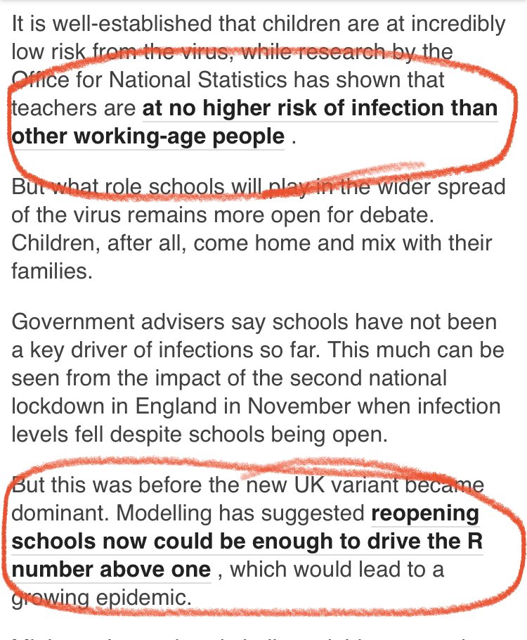 Well that makes it really clear BBC! Teachers not at risk but reopening schools could push our Covid number up!!!!! In my eyes the govt are like somebody who puts their car in for an MOT &amp; decides to ignore the advice given by the mechanic putting everybody on the road at risk!