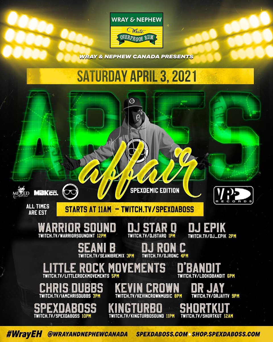 NatashaVonC's tweet photo. #ON Saturday April 3rd we celebrate the Earthstrong of @spexdaboss!  This is a #global #Aries Affair!  Make sure you reach, and when you do #BringRum!  
🌿♥️✍🏽 #WrayEH @wrayandnephewcanada https://t.co/VDpAcQ8HVv