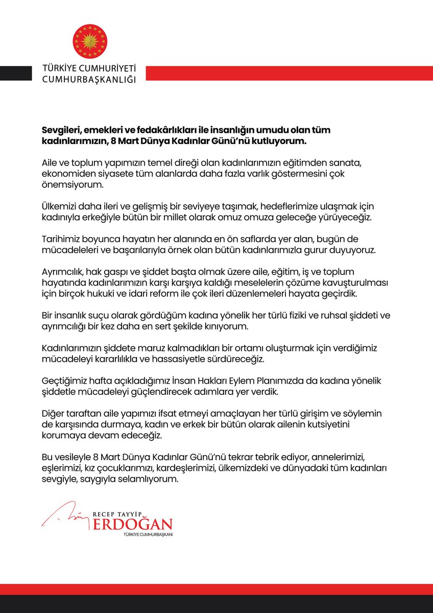 tcbestepe's tweet photo. Cumhurbaşkanı @RTErdogan: “Bir insanlık suçu olarak gördüğüm kadına yönelik her türlü fiziki ve ruhsal şiddeti ve ayrımcılığı en sert şekilde kınıyorum.

Kadınlarımızın şiddete maruz kalmadıkları bir ortamı oluşturmak için verdiğimiz mücadeleyi kararlılıkla sürdüreceğiz." https://t.co/uiaWjJEvaz