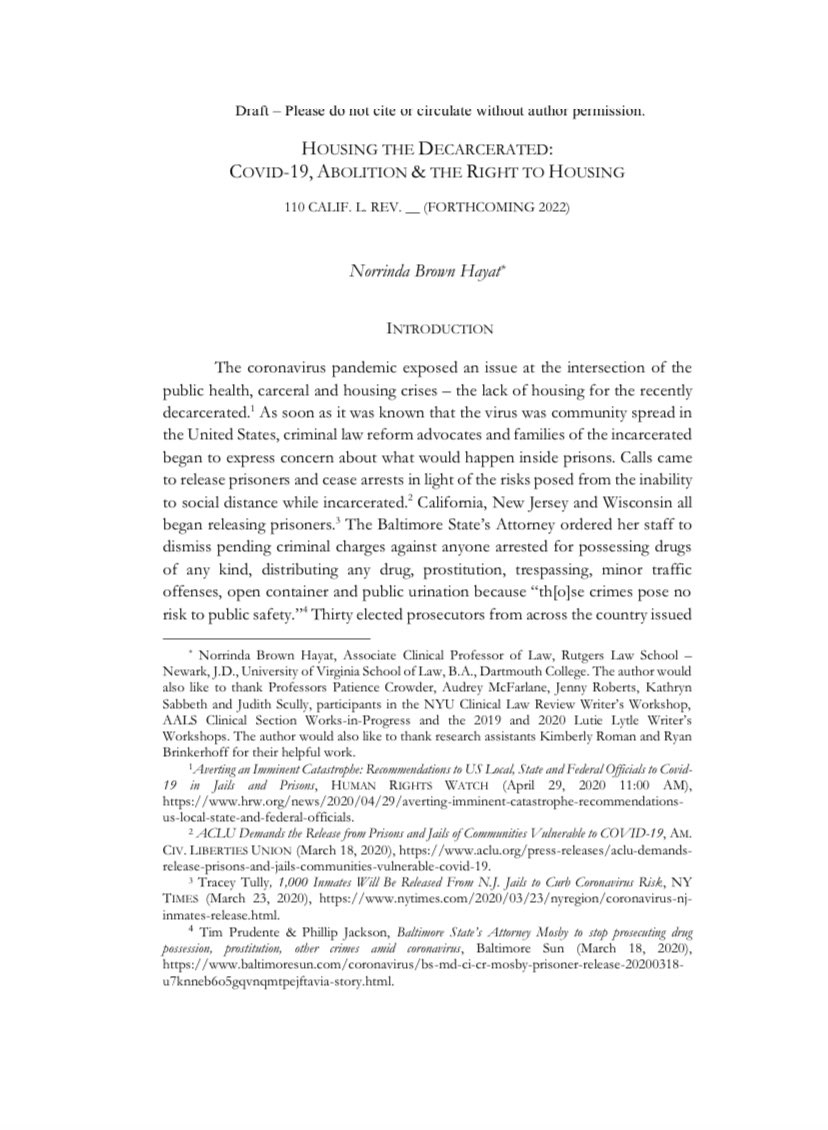 Norrinda Brown (@norrindabrown) on Twitter photo I look forward to working with the editors of <a href="/CalifLRev/">California Law Review</a> to publish my piece “Housing the Decarcerated,” which highlights how essential the right to housing is to prison abolition efforts and suggests how we might get there. #housingisaright I look forward to working with the editors of <a href="/CalifLRev/">California Law Review</a> to publish my piece “Housing the Decarcerated,” which highlights how essential the right to housing is to prison abolition efforts and suggests how we might get there. #housingisaright