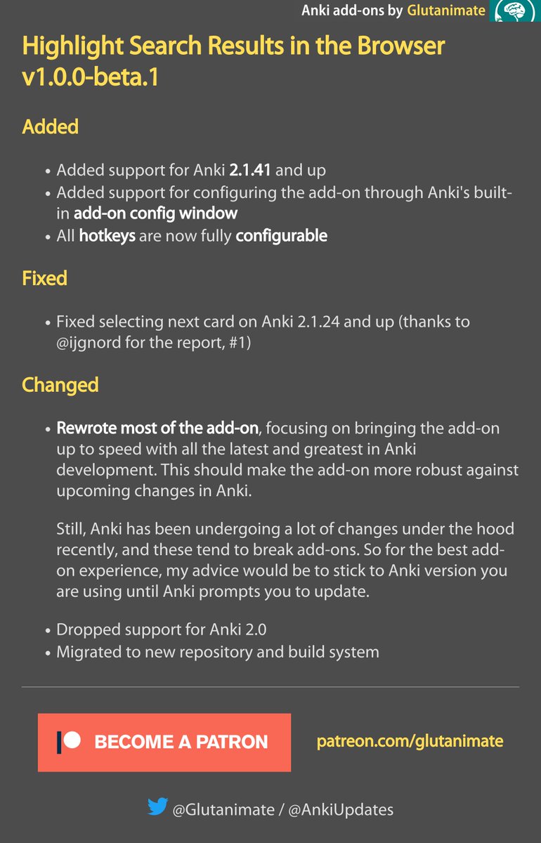 Highlight Search Results in the Browser v1.0.0-beta.1 is now available on GitHub!: github.com/glutanimate/hi…

Let me know what you think via <a href="/glutanimate/">Glutanimate</a>
Support my work: patreon.com/glutanimate

#AnkiAddons #AnkiSRS #Anki #SpacedRepetition