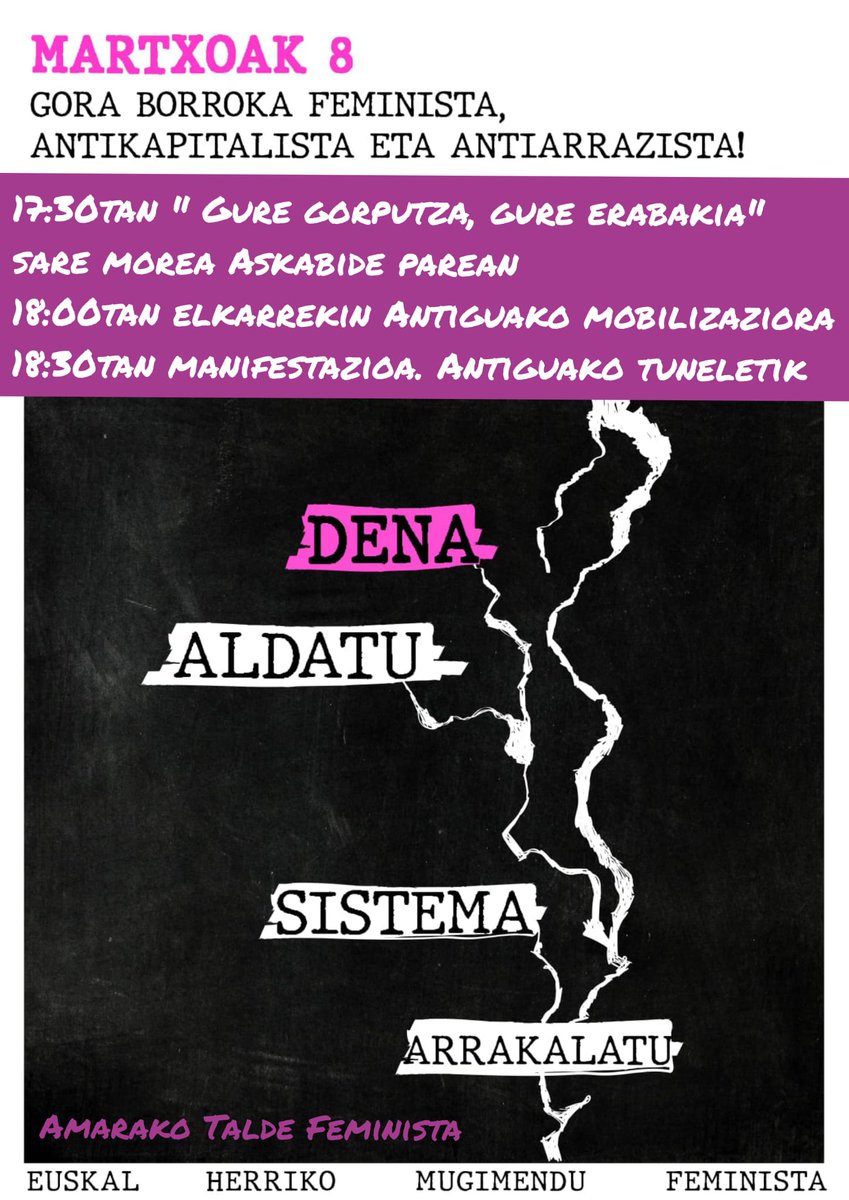 Bihar 17:30tan Askabide parean elkartuko gara, ondoren denok elkarrekin manifestaziora joateko.

Gogoratu morez etortzea!

Gora borroka feminista!!! 💜✊🏾