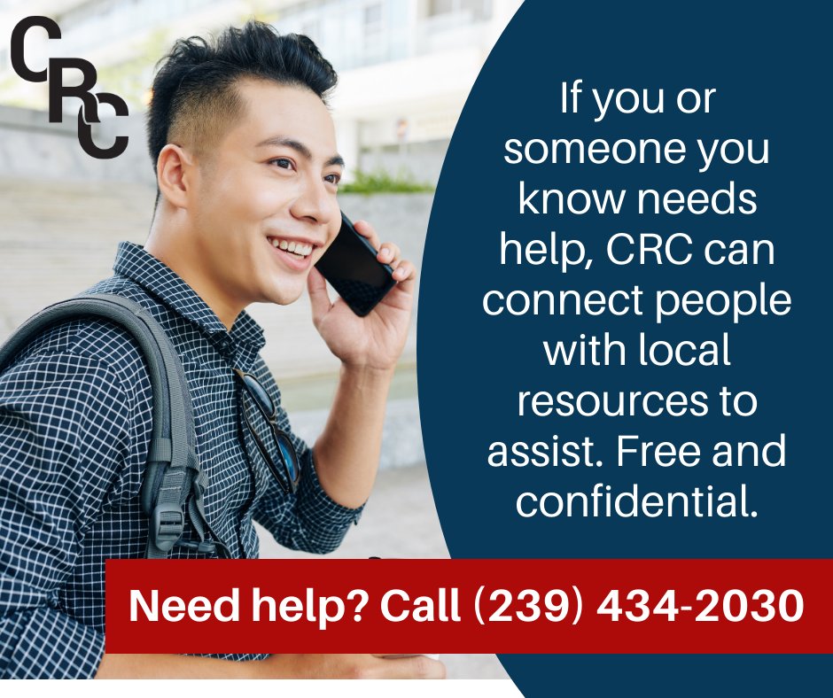 CollierCenter's tweet image. If you or someone you know needs help, CRC is here to connect Collier County residents with local resources. Free and confidential. For assistance, call (239) 434-2030. #naplesfl #immokalee #goldengateparksf #swflstrong #colliercounty #naplespark #swfl