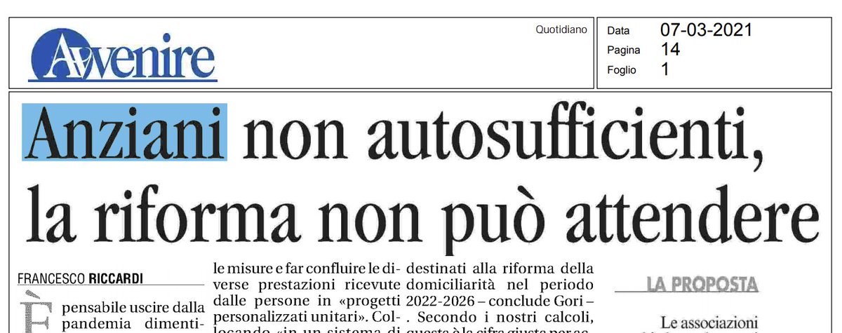 Anziani non autosufficienti,la riforma non può attendere."E' pensabile uscire dalla pandemia dimenticandosi delle vittime principali: gli anziani? Evidentemente no". La proposta del #NetworkNonAutosufficienza che chiediamo venga ascoltata con urgenza su <a href="/Avvenire_Nei/">𝐀𝐯𝐯𝐞𝐧𝐢𝐫𝐞</a>
