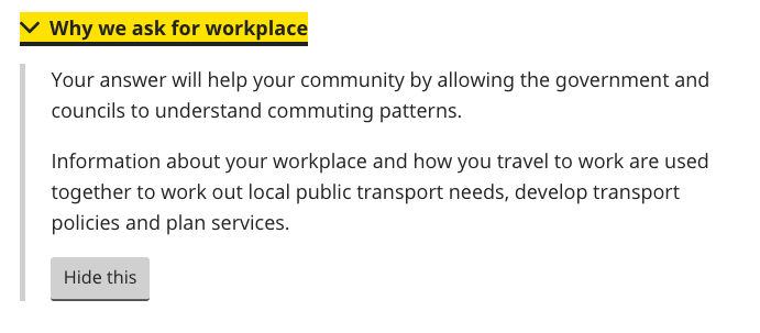 The 2021 Census is going to be totally useless at helping plan transport or housing or anything that might benefit from the answers to this question.

Website worked well though.