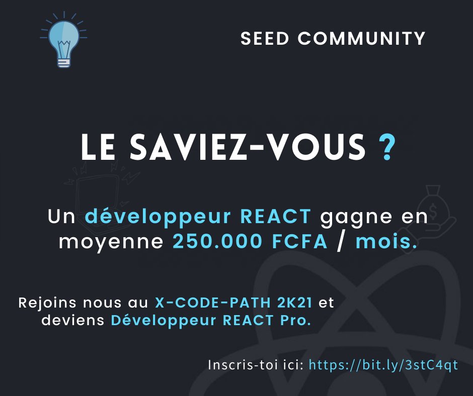 LeSeedMag's tweet image. Un dev React gagne en moyenne 250K/mois.

Tu nous rejoins ici bit.ly/3stC4qt ou tu hésites encore ? Ceux qui se lanceront avec nous atteindront cet objectif.

XCODEPATH 2K21, les inscriptions se poursuivent 🥳, plus que quelques places.

#seedcommunity #xcodepath2k21