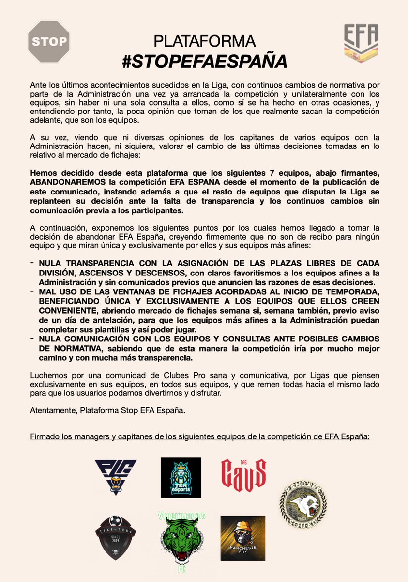 🔴 | COMUNICADO OFICIAL: Abandono múltiple de @EFAEspana @EFAPSNSpain

⛔ #STOPEFAEspaña

👉 <a href="/LimpiandoP/">Limpiando Clubes Pro</a>

@PLGEsp @CavaliersFIFA21 <a href="/TokeTiki/">🍻El Rey🍻</a> @Chema_DxGuada <a href="/VerdiBlancoFC/">VerdiBlancoFC</a> <a href="/ManchestePity/">Manchester Pity</a> <a href="/esports_ten/">TEN eSports</a>

<a href="/EfaEsports/">EFA ESports</a>