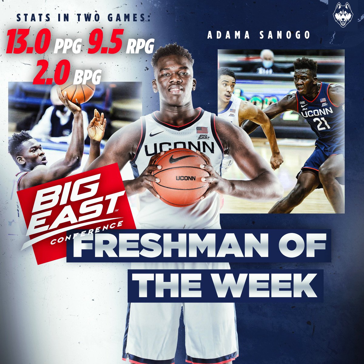 𝘈𝘯𝘰𝘵𝘩𝘦𝘳 Freshman of the Week honor for Adama‼️🇲🇱💪⁣⁣ #ThisIsUConn | #PullTheSled