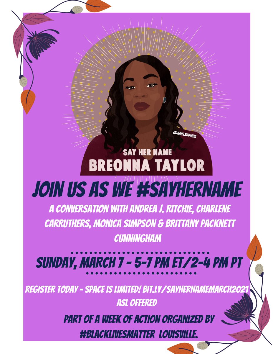 Mvmnt4BlkLives's tweet photo. Join @dreanyc123 @CharleneCac @monicarsimpson @MsPackyetti &amp; @BLMLouisville to #SayHerName #BreonnaTaylor TODAY at 5 ET kicking off virtual week of action leading up to March 13 1y anniversary of Breonna's murder by LMPD. Space is limited!

Register:
https://t.co/ZavQoLOXVj https://t.co/jq8HwIpktT