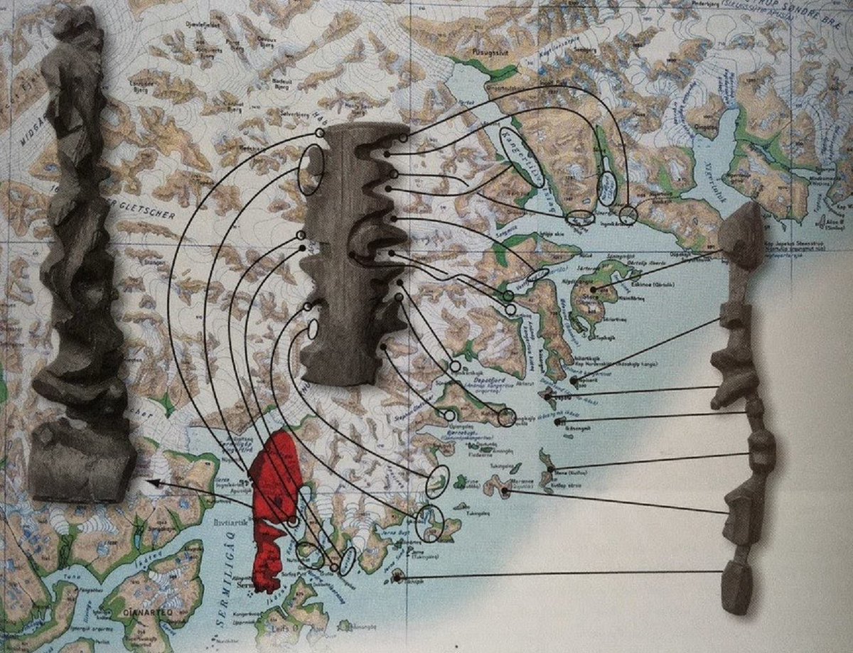 decolonialatlas's tweet photo. Ingenious, Indigenous: The Tunumiit (E Greenland Inuit) practice of carving portable maps from driftwood, used for navigating coastal waters. Representing coastlines up one side of the wood &amp; down the other, they fit in a mitten, are compact, buoyant, &amp; can be read in the dark. https://t.co/FkNHBoXf9s