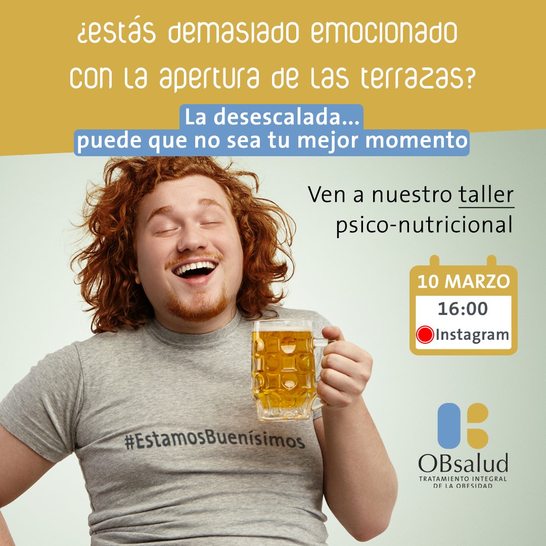 TALLER PSICO-NUTRICIONAL
📅El próximo 10 de marzo a las 16:00 te esperamos en directo desde nuestro Instagram 🔴📱
Hablaremos de nutrición, psicología para afrontar la  desescalada sin que se nos vaya de las manos
#obsalud #nutricion #salud #psicologia #webinar #EstamosBuenisimos