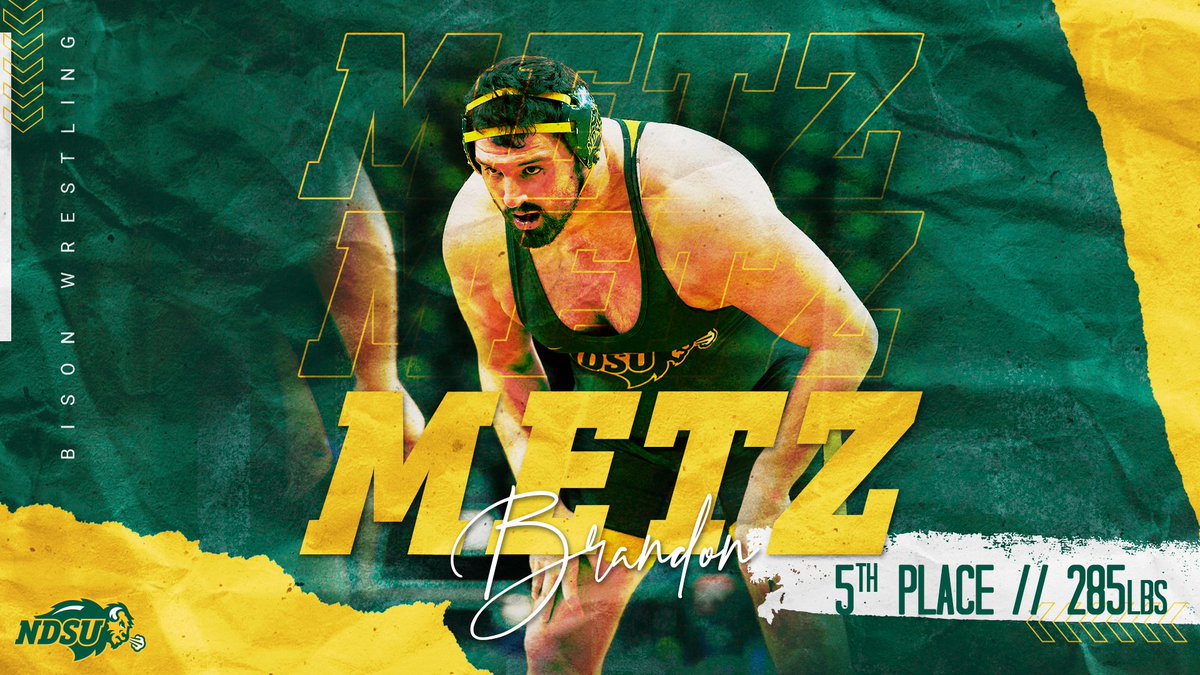NDSUwrestling's tweet photo. 285 | Brandon Metz defeats No. 2 Carter Isley (UNI) in overtime for the second time this weekend!
Metz places 5th!
#GoBison ๐ค https://t.co/RKafnizdYD