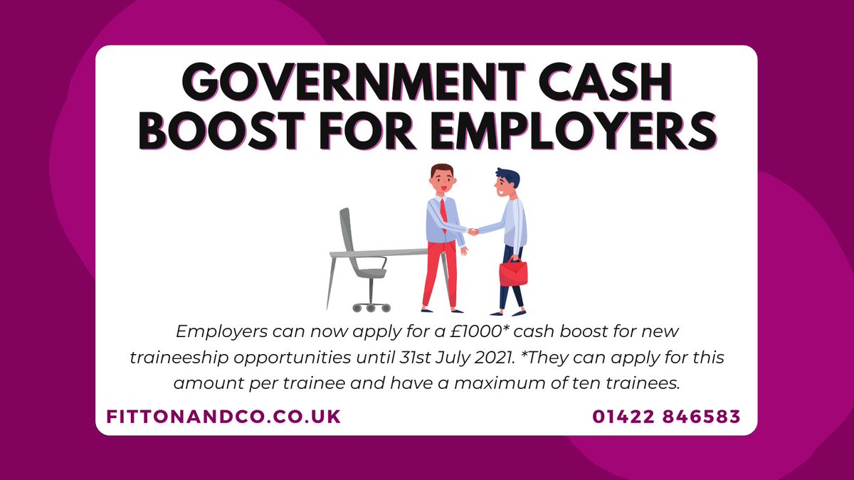 Employers who offer #traineeship opportunities can apply for a £1000 boost to encourage them to take on new trainees 😃

It is available for up to a max. of 10 trainees and can be claimed for work placements that have been completed since 01/09/20!

#ukaccountancy #FittonAndCo