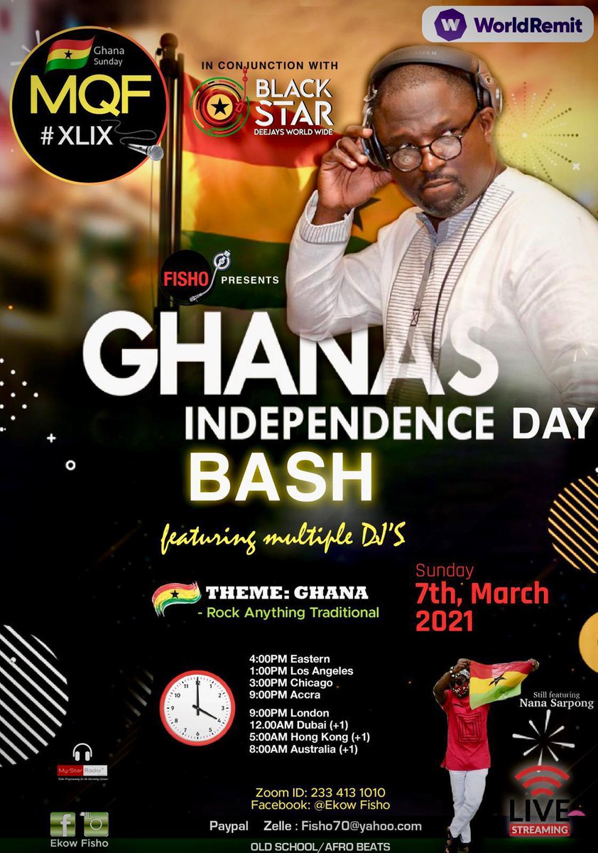 BlackstarDjs's tweet photo. We are ending the 3 day Ghana At 64 Independence celebration today on a high note on the popular #MQF online party show with @Ekowfisho and 3 Blackstardjs at 4pm EST / 9PM GMT . Join the show on zoom 
Link: https://t.co/V8ZWXc2ySn
Meeting ID: 233 413 1010

#Ghana, #GhanaAt64 https://t.co/4I89zNHIdZ