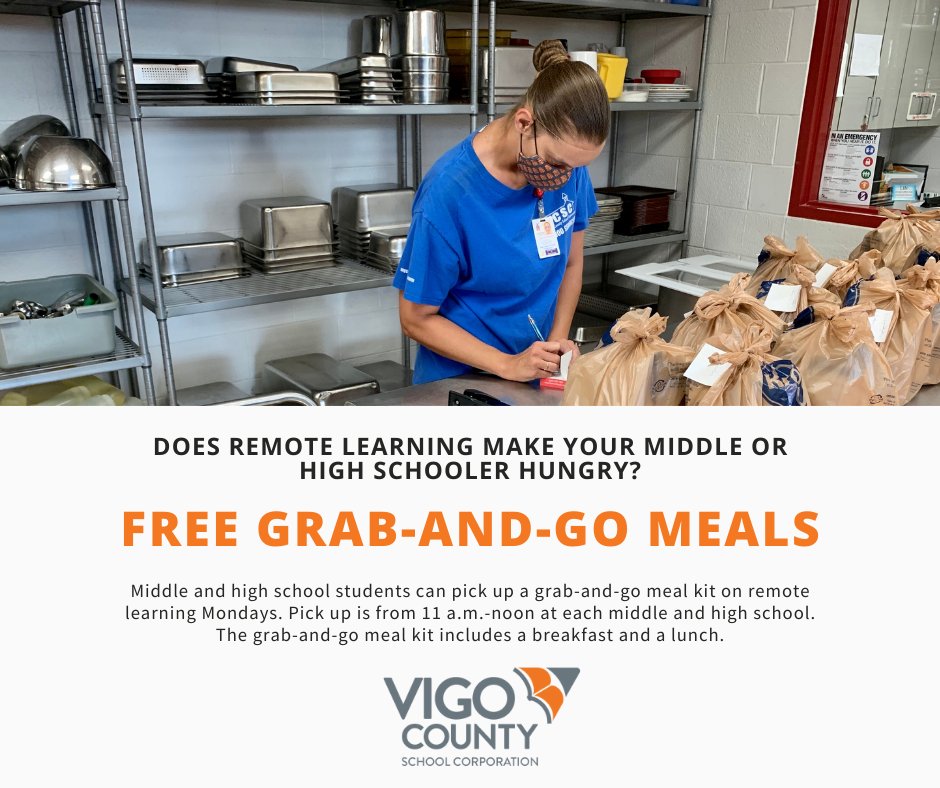 vcsc_teamvigo's tweet image. Middle and high school students can pick up grab-and-go meal kits from any VCSC middle or high school from 11 a.m. to noon on remote learning Mondays. They&apos;re free and include a breakfast and lunch. #teamvigo
