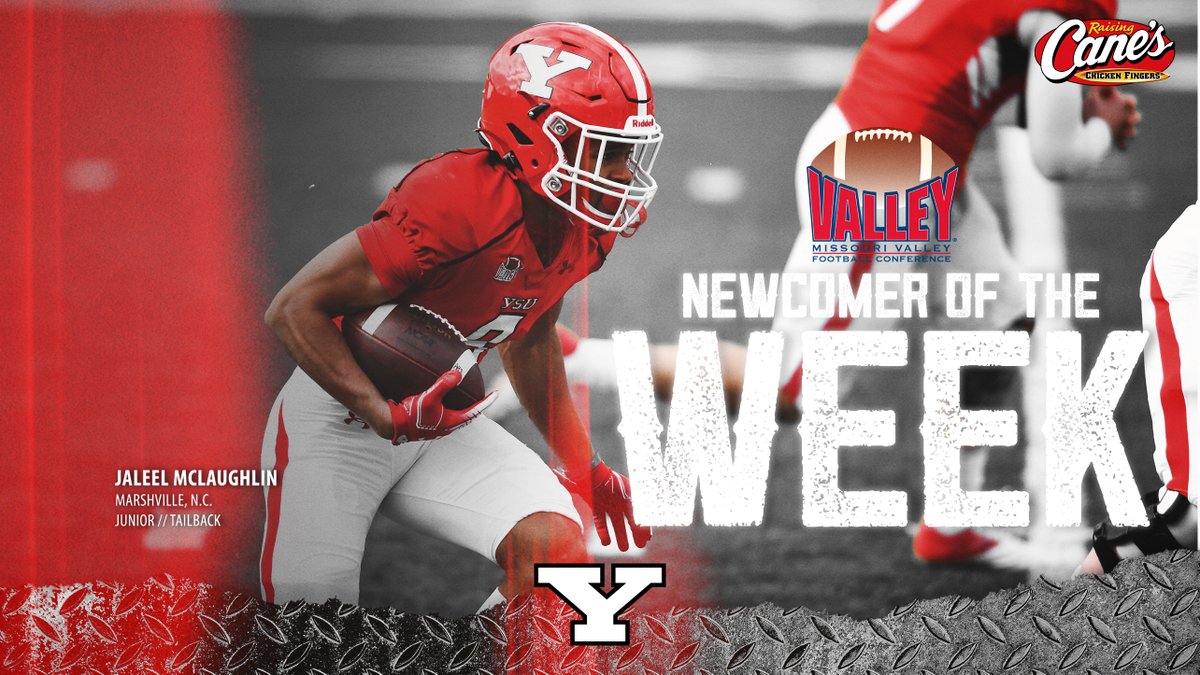 ysufootball's tweet photo. Tailback Jaleel McLaughlin was named the @ValleyFootball Newcomer of the Week for his performance vs. SIU 🐧🏈

2️⃣6️⃣ carries
1️⃣2️⃣4️⃣ yards
2️⃣ TDs

#GoGuins // #GritU https://t.co/OpYJKY30YJ