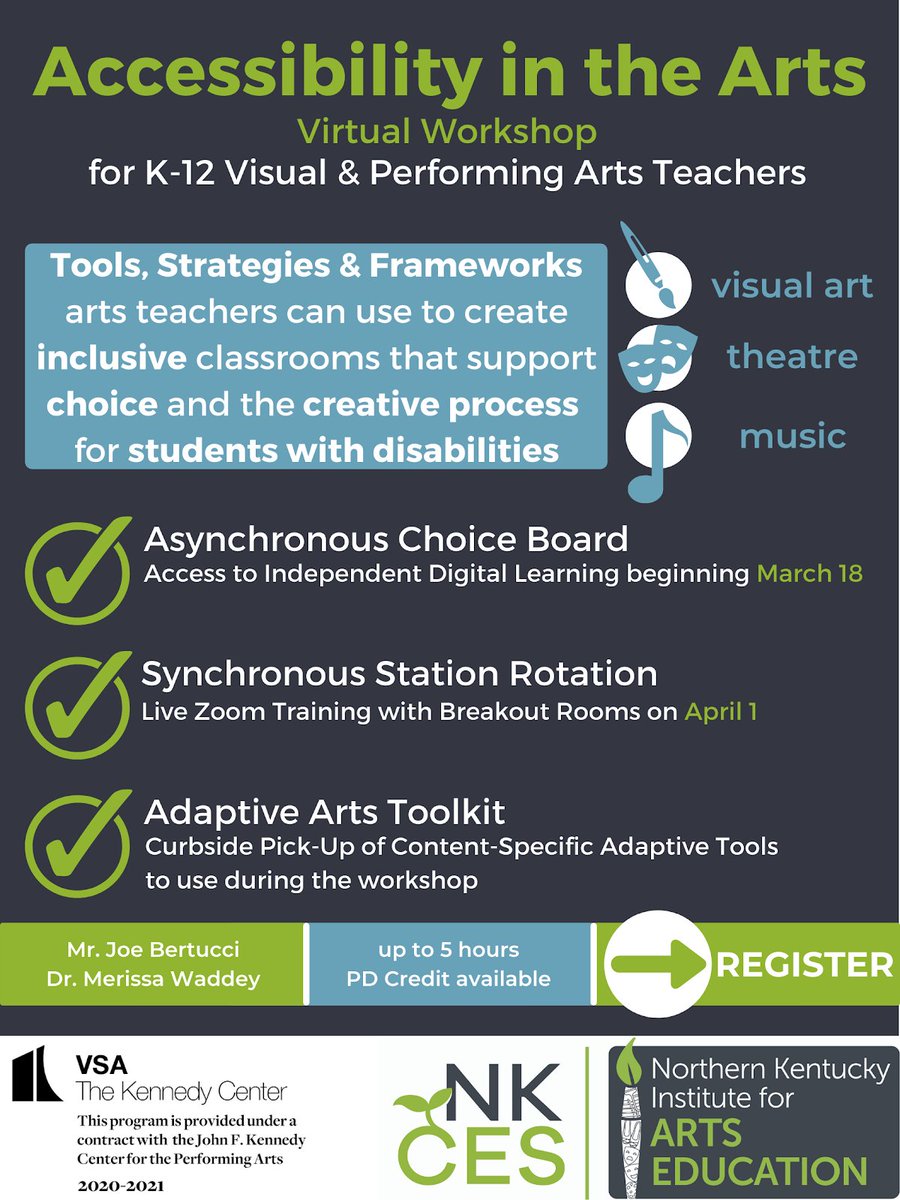 Visual & Performing Arts Teachers! Discover strategies and adaptive tools you can use to create inclusive arts classrooms. 
Join @Joe_Bertucci_ & @merissa_waddey for this #VirtualPD! 
#AccessibleArts @VSAIntl @NK4ArtsEd
Register: bit.ly/AccessInArts