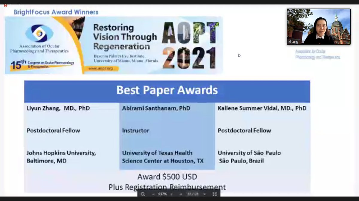 EyeDaisyShu's tweet photo. A massive congratulations to all the award recipients in the @aopt15 meeting! #AOPT2021 Thank you so much to the generous sponsorship of many organizations including @_BrightFocus and @NatEyeInstitute @DianeB1000 #scicomm #awardees #AOPTAwardee #research #award https://t.co/rbJxXmOcDs