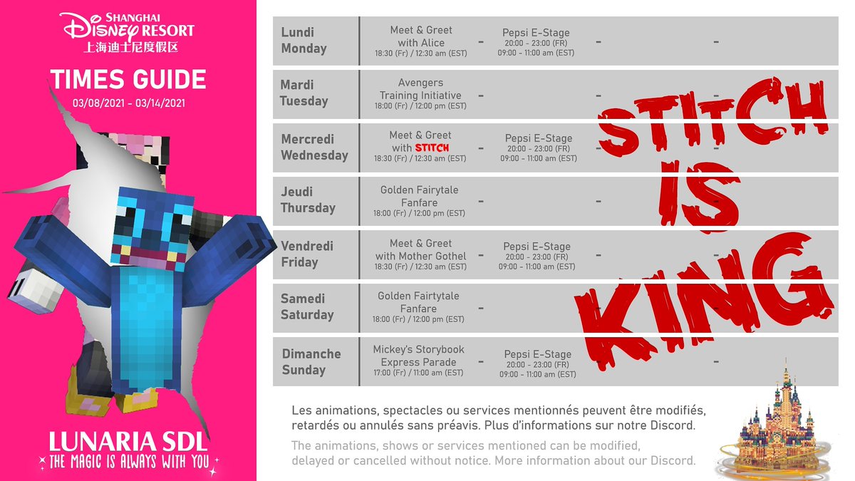 LunariaSDL's tweet photo. FR] Voici le nouveau programme du serveur du 08 Mars 2021 au 14 Mars 2021 ! Bonne journée sur LunariaSDL

[EN] Here is the new server program from March 08, 2021 to March 14, 2021 ! Good day on LunariaSDL

#Lunariasdl #china #Disneyland https://t.co/h2wroKEVI8