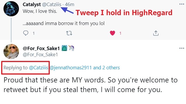 For_Fox_Sake1's tweet photo. @jennathomas2911 @Catziiis @donttrusttrump1 @DushkaAmateur Jen, I was replying, in jest, to @Catziiis, a tweep I hold in high regard, threatening to TRACK him down, if he "borrowed" my words.
I too was confused until I learned this TIP.
1st tweep listed in #ReplyTo string is who response is generally directed to. See annotation below: https://t.co/eYoeXuYSOM