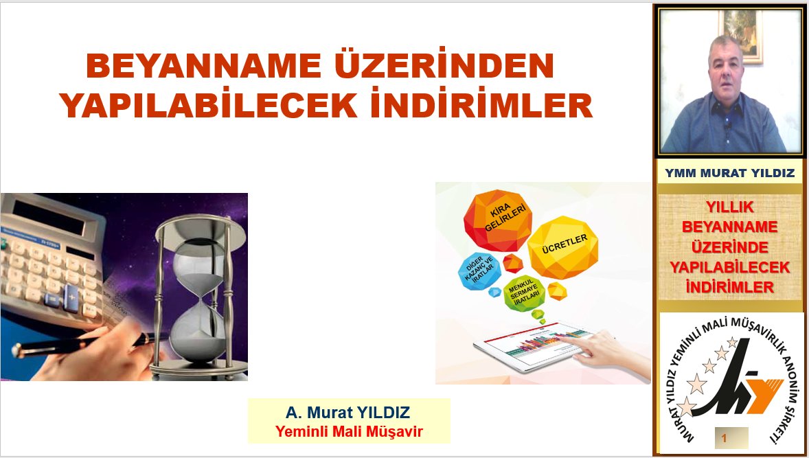 GELİR VERGİSİ BEYANNAME DÜZENLEME SEMİNERLERİ KAPSAMINDA YILLIK BEYANNAME İLE BİLDİRİLECEK GELİRDEN YAPILABİLECEK İNDİRİMLERİ AÇIKLADIĞIM BU 5. SUNUMDAGELİR VERGİSİ BEYANNAMESİNDE YAPILABİLECEK  İNDİRİMLER youtu.be/Urt2wCTgh74 <a href="/YouTube/">YouTube</a> aracılığıyla